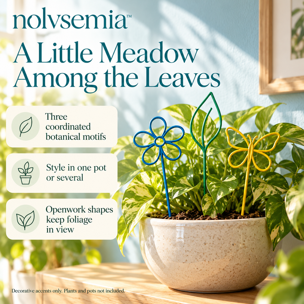 nolvsemia™ Meadow Silhouette Decorative Plant Stakes — 3 Metal Pot Accessories with Flower, Leaf & Butterfly Designs