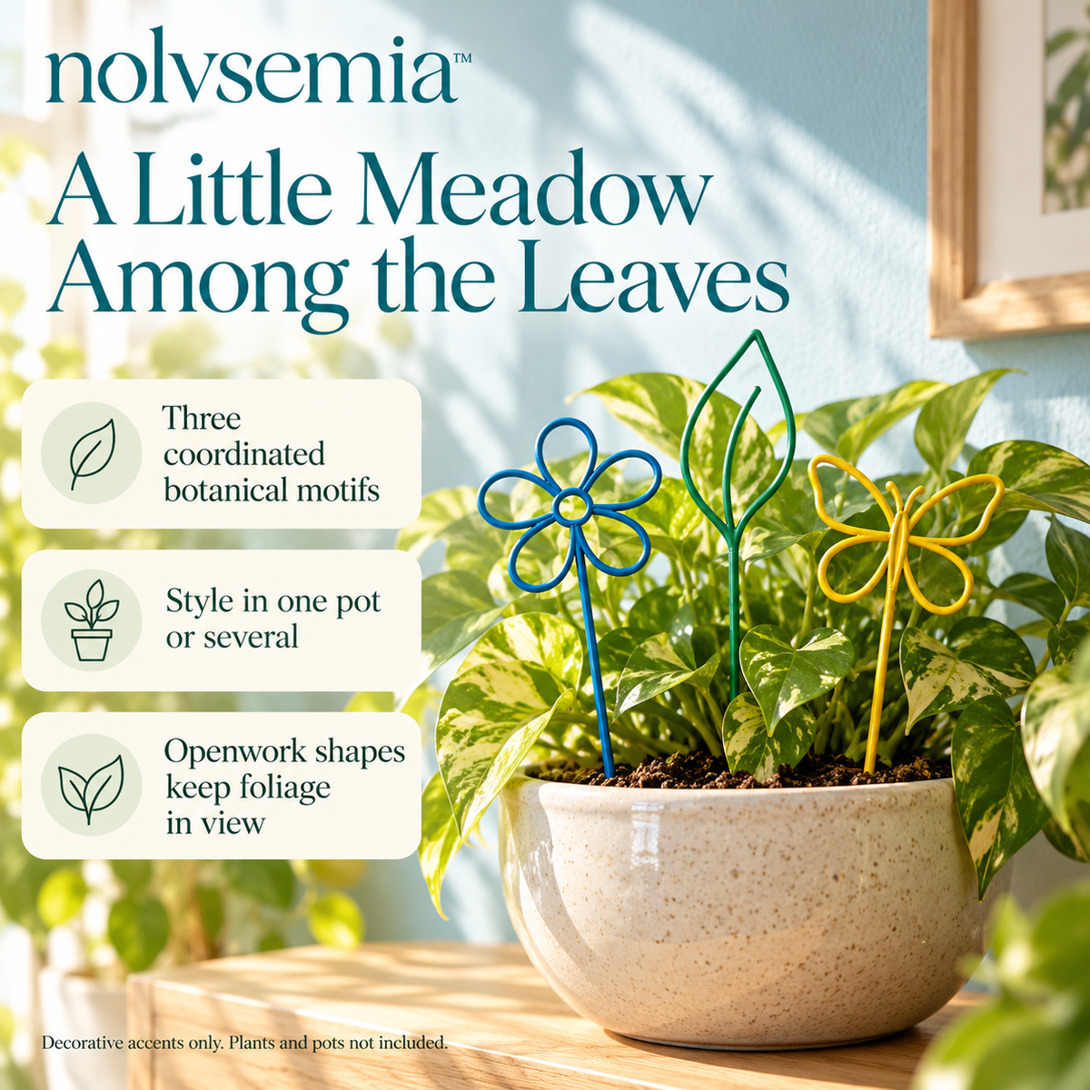 nolvsemia™ Meadow Silhouette Decorative Plant Stakes — 3 Metal Pot Accessories with Flower, Leaf & Butterfly Designs