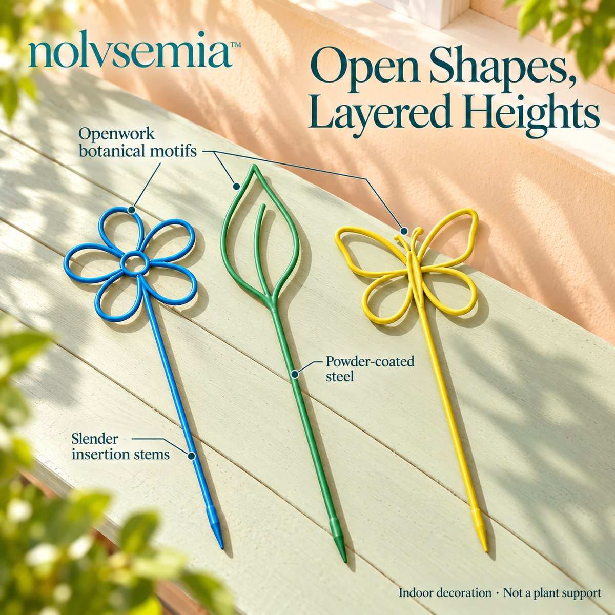 nolvsemia™ Meadow Silhouette Decorative Plant Stakes — 3 Metal Pot Accessories with Flower, Leaf & Butterfly Designs
