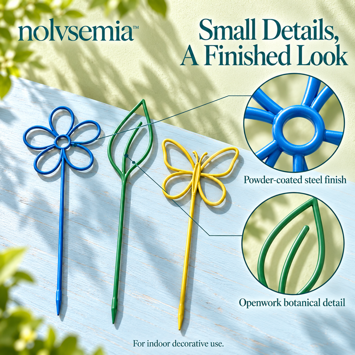 nolvsemia™ Meadow Silhouette Decorative Plant Stakes — 3 Metal Pot Accessories with Flower, Leaf & Butterfly Designs