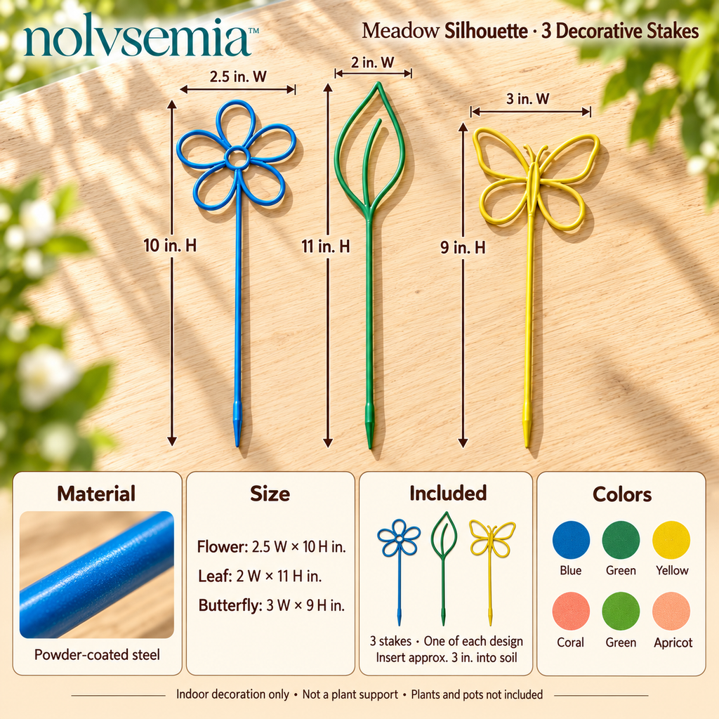 nolvsemia™ Meadow Silhouette Decorative Plant Stakes — 3 Metal Pot Accessories with Flower, Leaf & Butterfly Designs