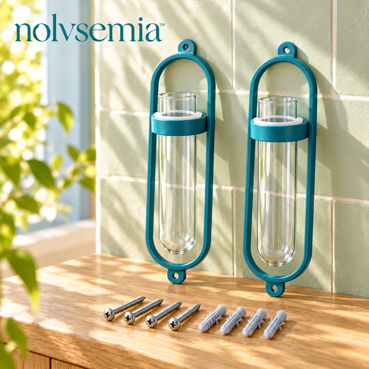 nolvsemia™ Wall Bloom Glass Bud Vase Set — 2 Wall-Mounted Flower Vases with Metal Holders for Entryway & Indoor Decor