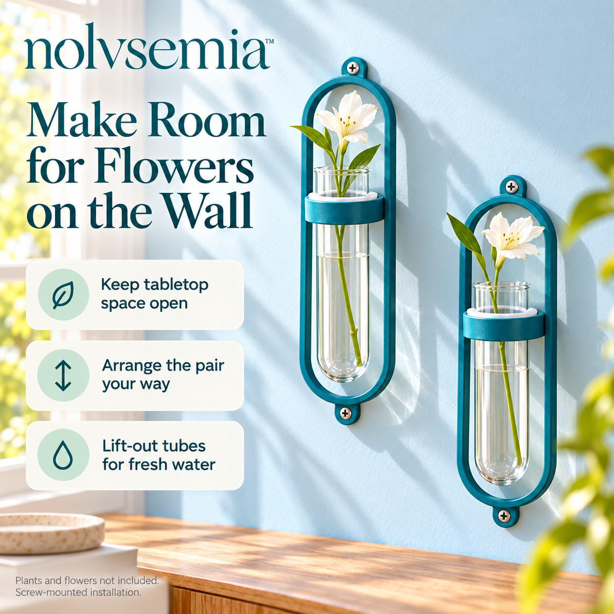 nolvsemia™ Wall Bloom Glass Bud Vase Set — 2 Wall-Mounted Flower Vases with Metal Holders for Entryway & Indoor Decor
