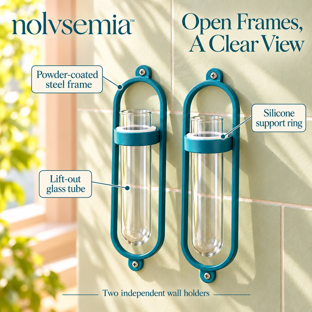 nolvsemia™ Wall Bloom Glass Bud Vase Set — 2 Wall-Mounted Flower Vases with Metal Holders for Entryway & Indoor Decor