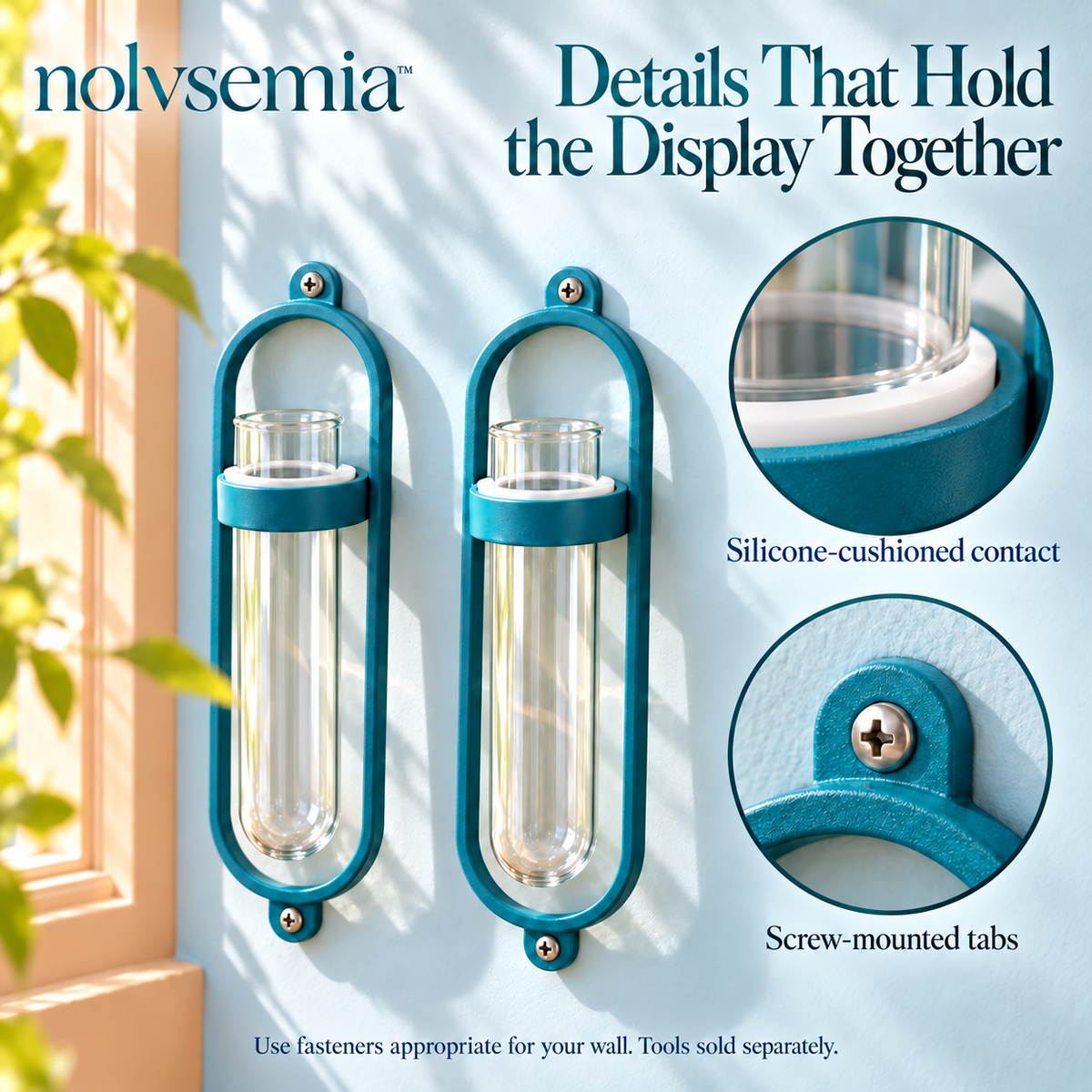 nolvsemia™ Wall Bloom Glass Bud Vase Set — 2 Wall-Mounted Flower Vases with Metal Holders for Entryway & Indoor Decor