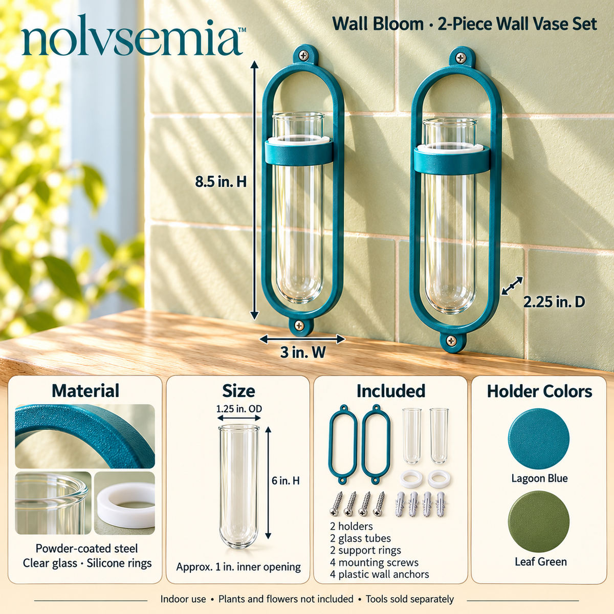 nolvsemia™ Wall Bloom Glass Bud Vase Set — 2 Wall-Mounted Flower Vases with Metal Holders for Entryway & Indoor Decor