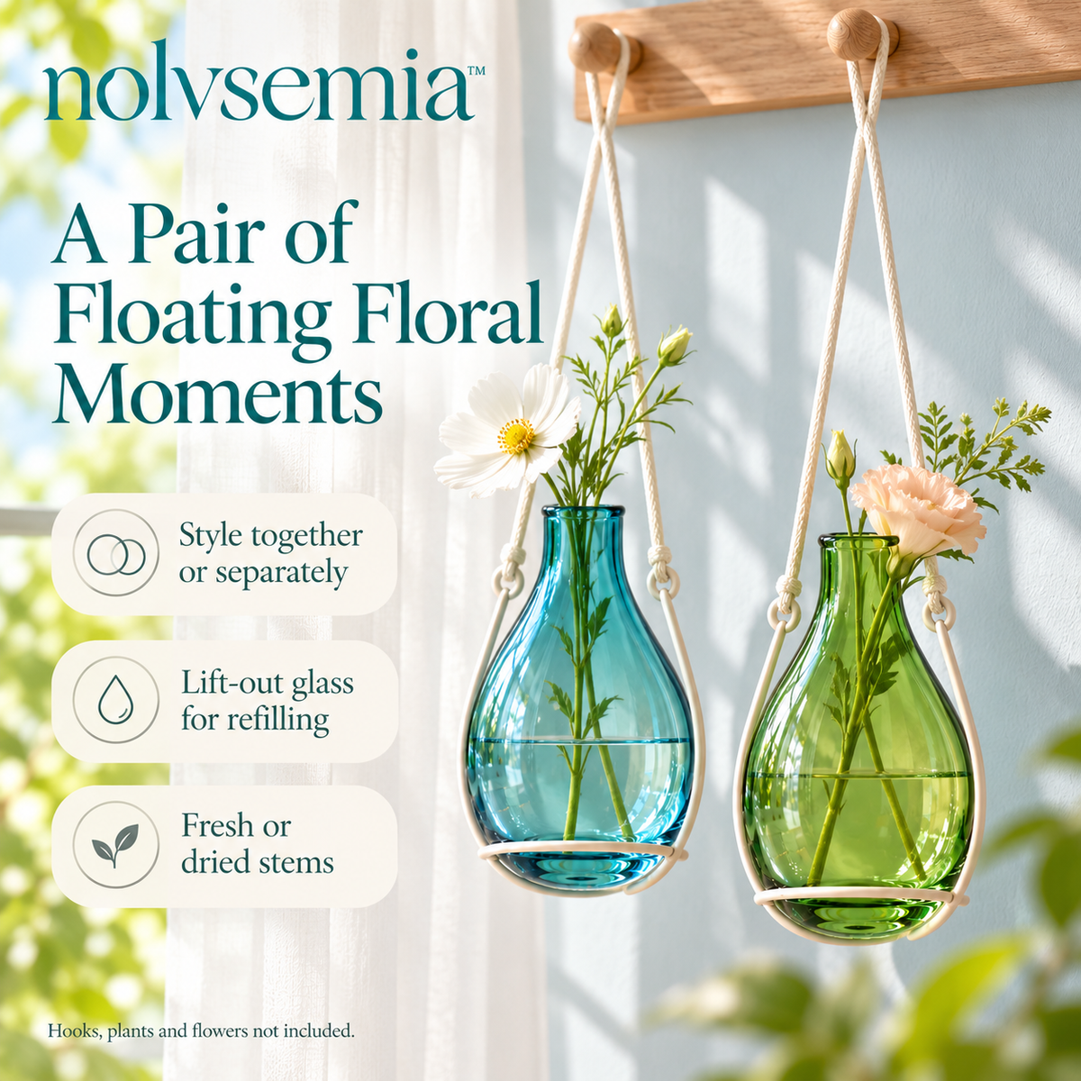 nolvsemia™ Hanging Dewdrop Glass Vase Set — 2 Suspended Bud Vases for Indoor Windows & Small Flower Displays