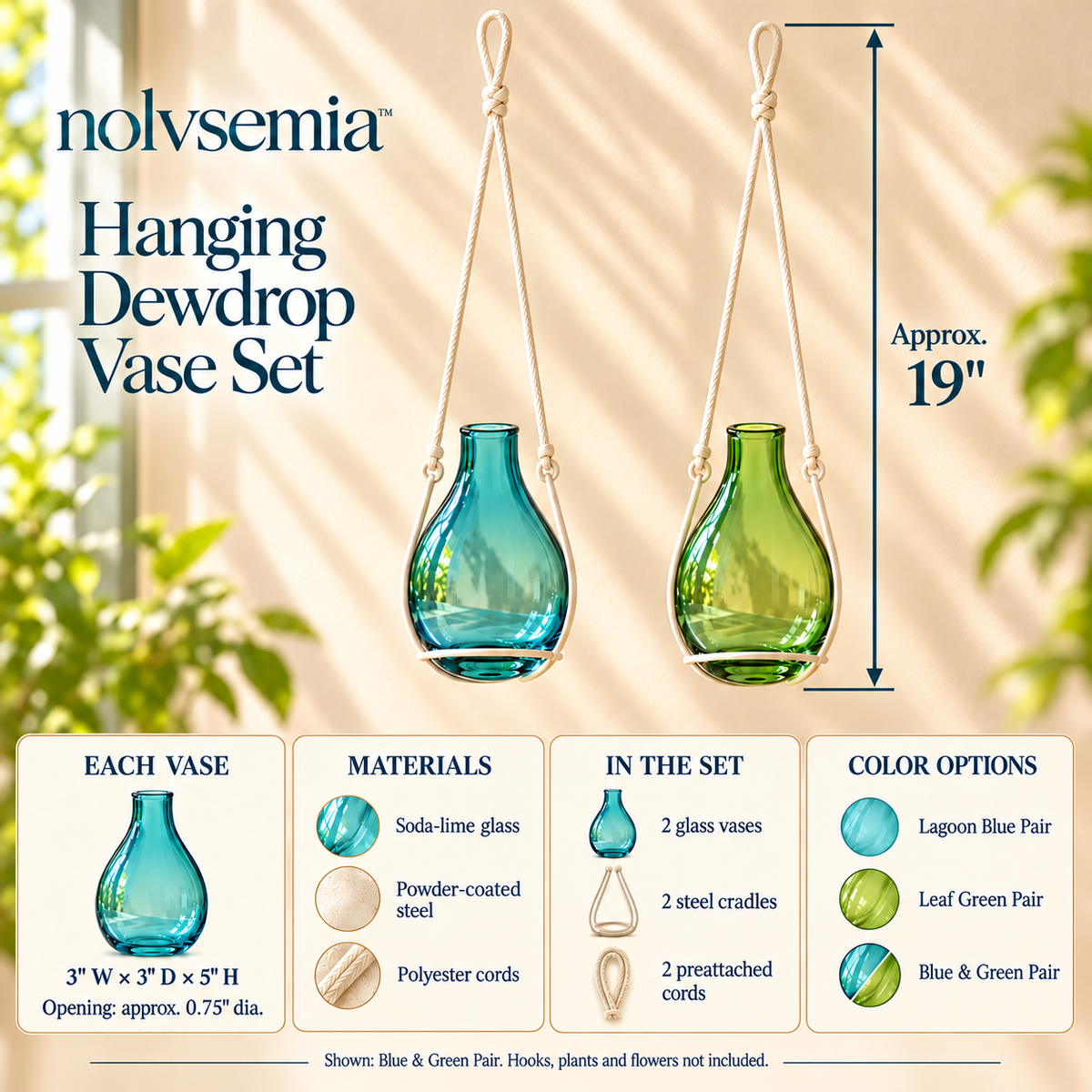 nolvsemia™ Hanging Dewdrop Glass Vase Set — 2 Suspended Bud Vases for Indoor Windows & Small Flower Displays