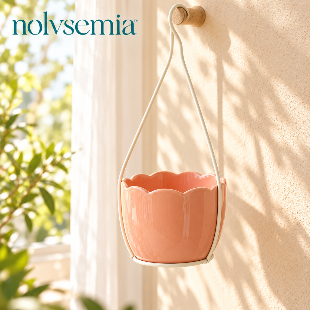 nolvsemia™ Petal Basket Ceramic Hanging Planter — Indoor Scalloped Cachepot with Removable Metal Hanger for 4-Inch Nursery Pots