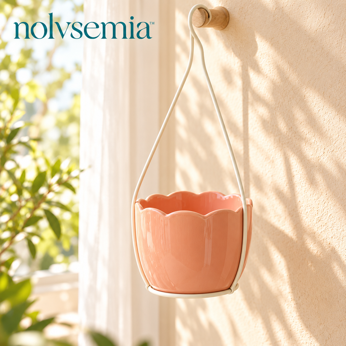 nolvsemia™ Petal Basket Ceramic Hanging Planter — Indoor Scalloped Cachepot with Removable Metal Hanger for 4-Inch Nursery Pots