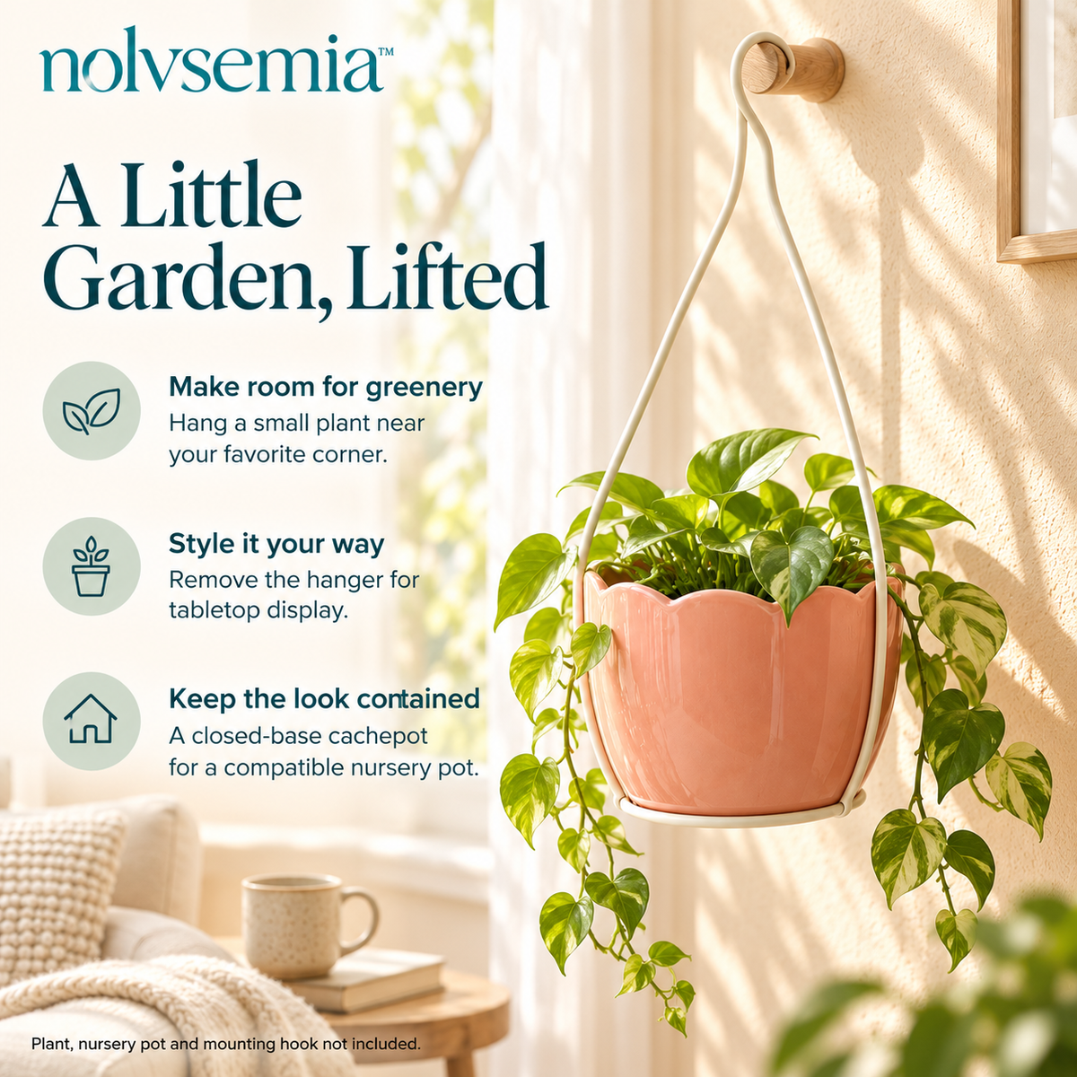 nolvsemia™ Petal Basket Ceramic Hanging Planter — Indoor Scalloped Cachepot with Removable Metal Hanger for 4-Inch Nursery Pots