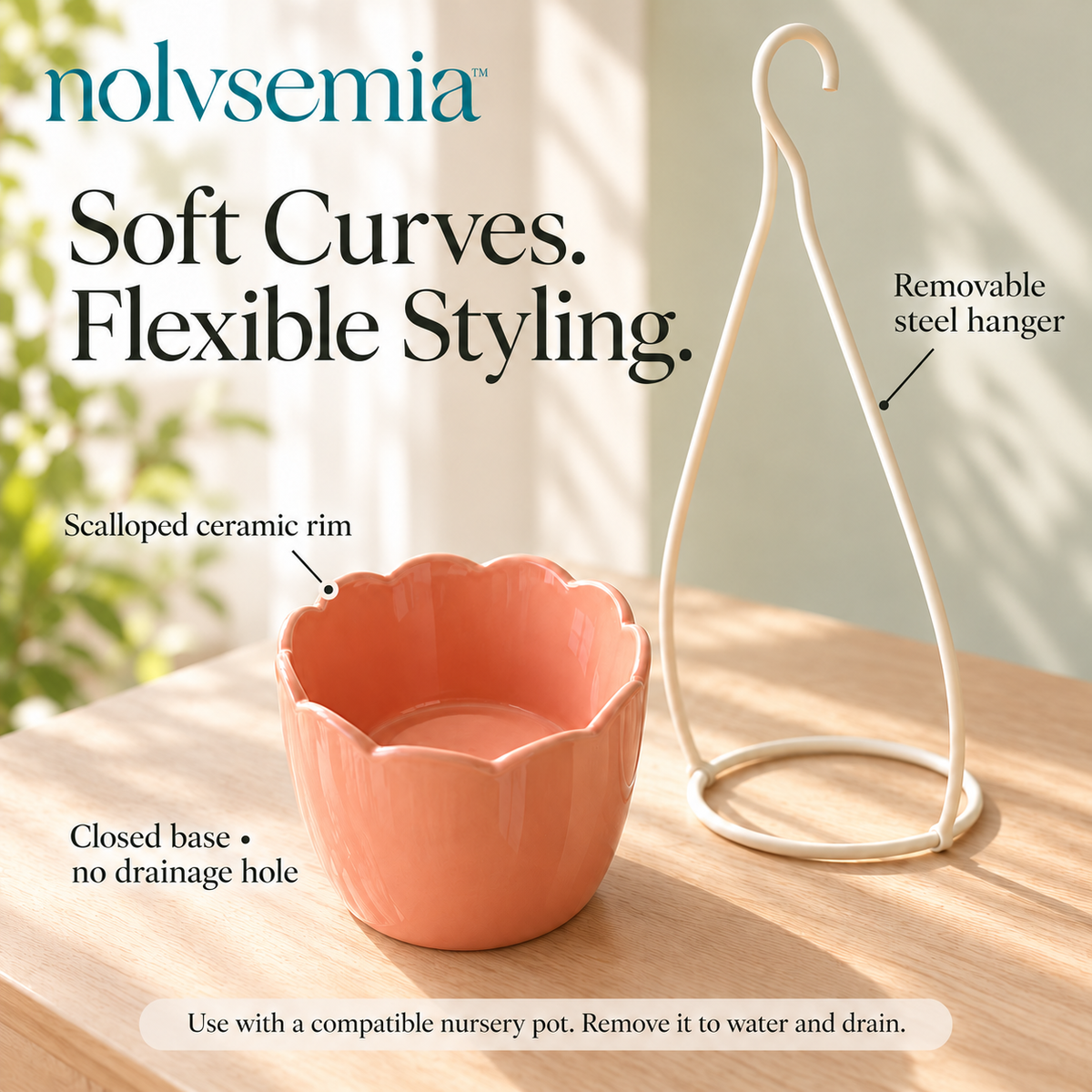 nolvsemia™ Petal Basket Ceramic Hanging Planter — Indoor Scalloped Cachepot with Removable Metal Hanger for 4-Inch Nursery Pots