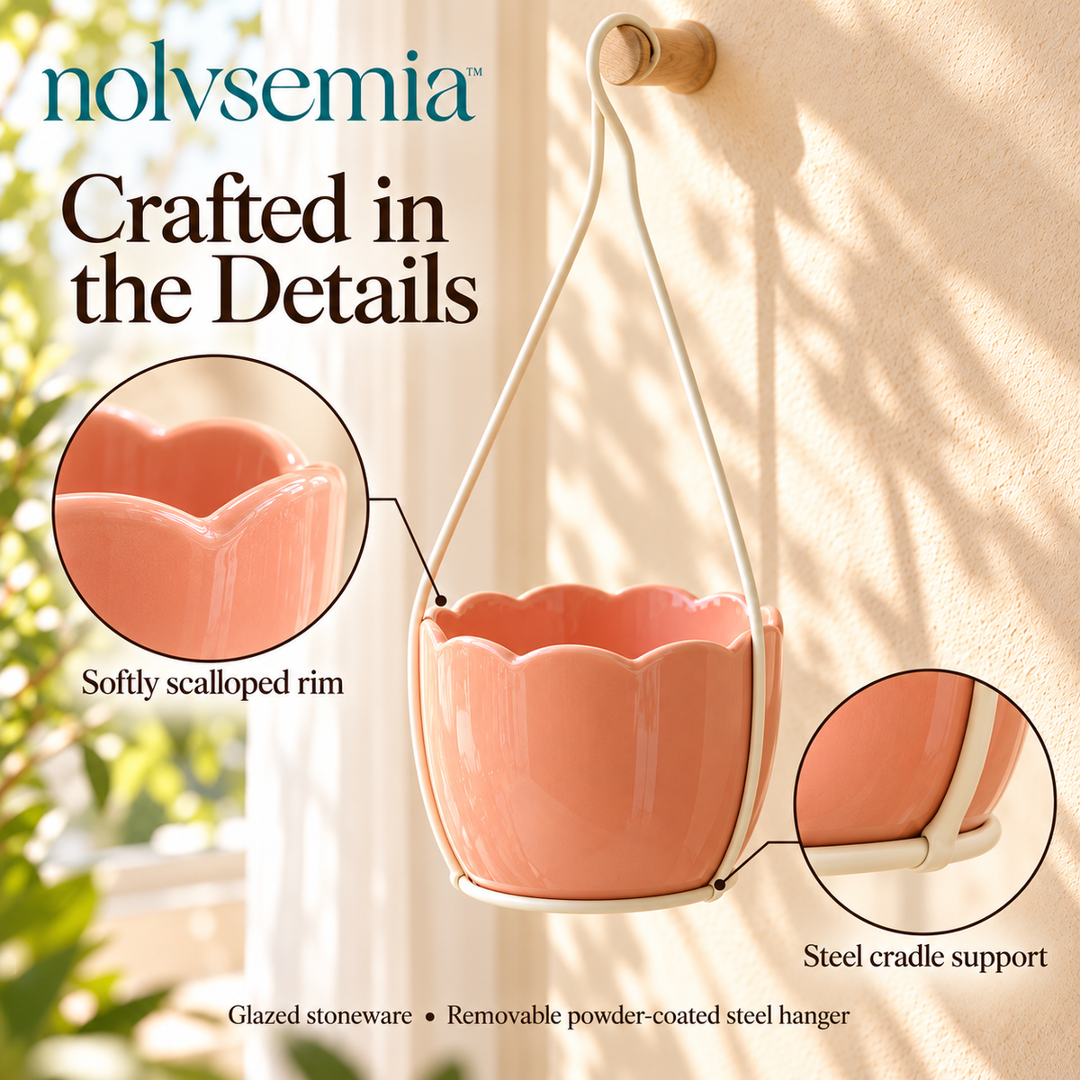 nolvsemia™ Petal Basket Ceramic Hanging Planter — Indoor Scalloped Cachepot with Removable Metal Hanger for 4-Inch Nursery Pots