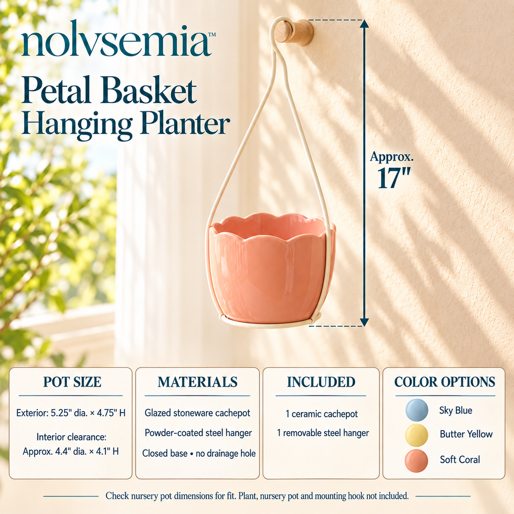 nolvsemia™ Petal Basket Ceramic Hanging Planter — Indoor Scalloped Cachepot with Removable Metal Hanger for 4-Inch Nursery Pots
