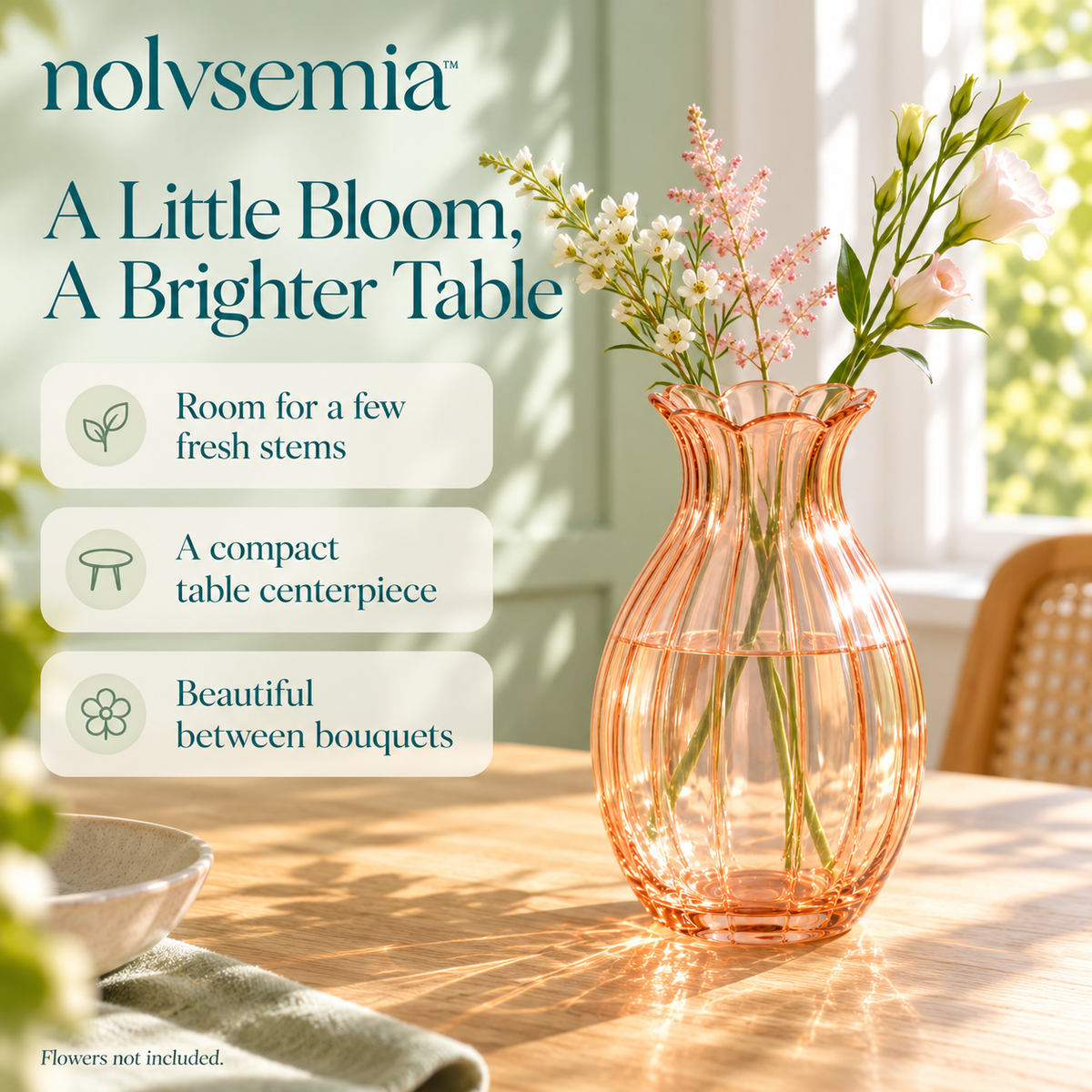 nolvsemia™ Petal Rim Ribbed Glass Vase — Small Scalloped Flower Vase for Fresh Stems & Dining Table Centerpieces