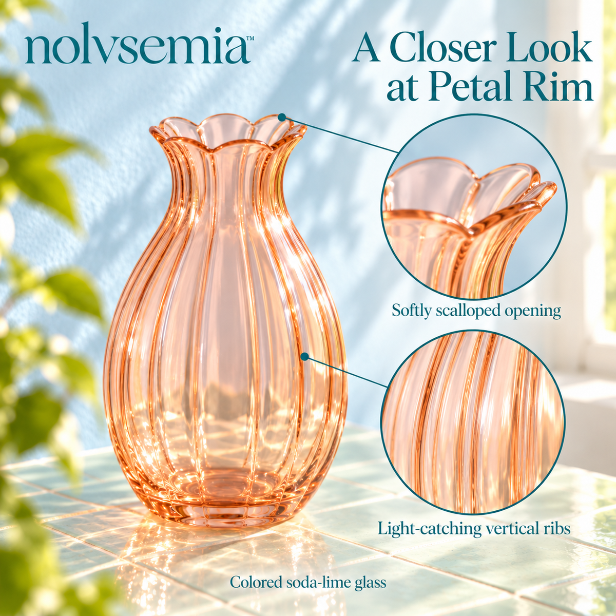 nolvsemia™ Petal Rim Ribbed Glass Vase — Small Scalloped Flower Vase for Fresh Stems & Dining Table Centerpieces