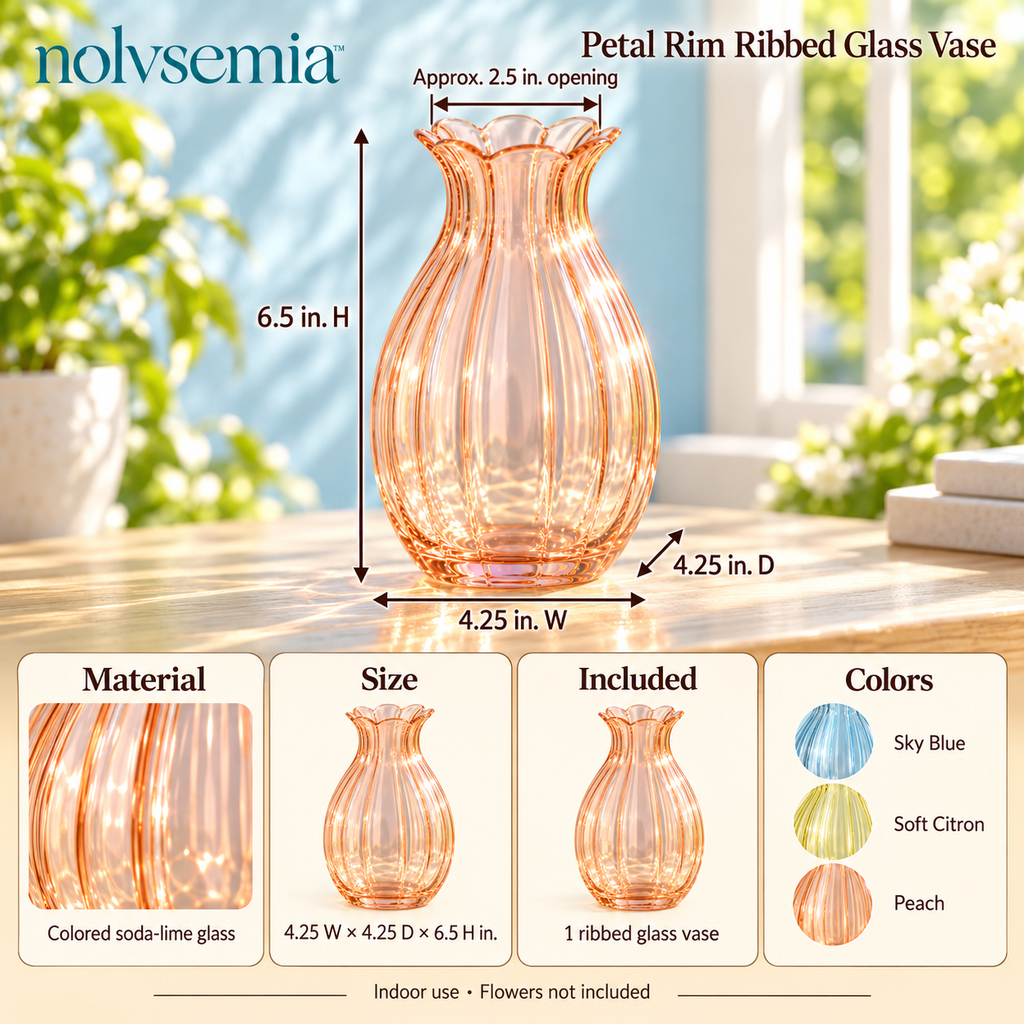 nolvsemia™ Petal Rim Ribbed Glass Vase — Small Scalloped Flower Vase for Fresh Stems & Dining Table Centerpieces