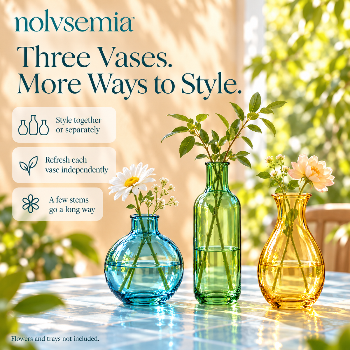 nolvsemia™ Meadow Trio Mini Glass Bud Vase Set — 3 Colored Flower Vases for Shelf Styling, Tablescapes & Small Centerpieces