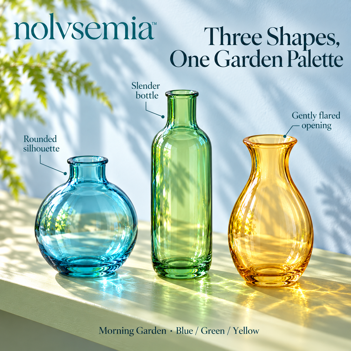 nolvsemia™ Meadow Trio Mini Glass Bud Vase Set — 3 Colored Flower Vases for Shelf Styling, Tablescapes & Small Centerpieces