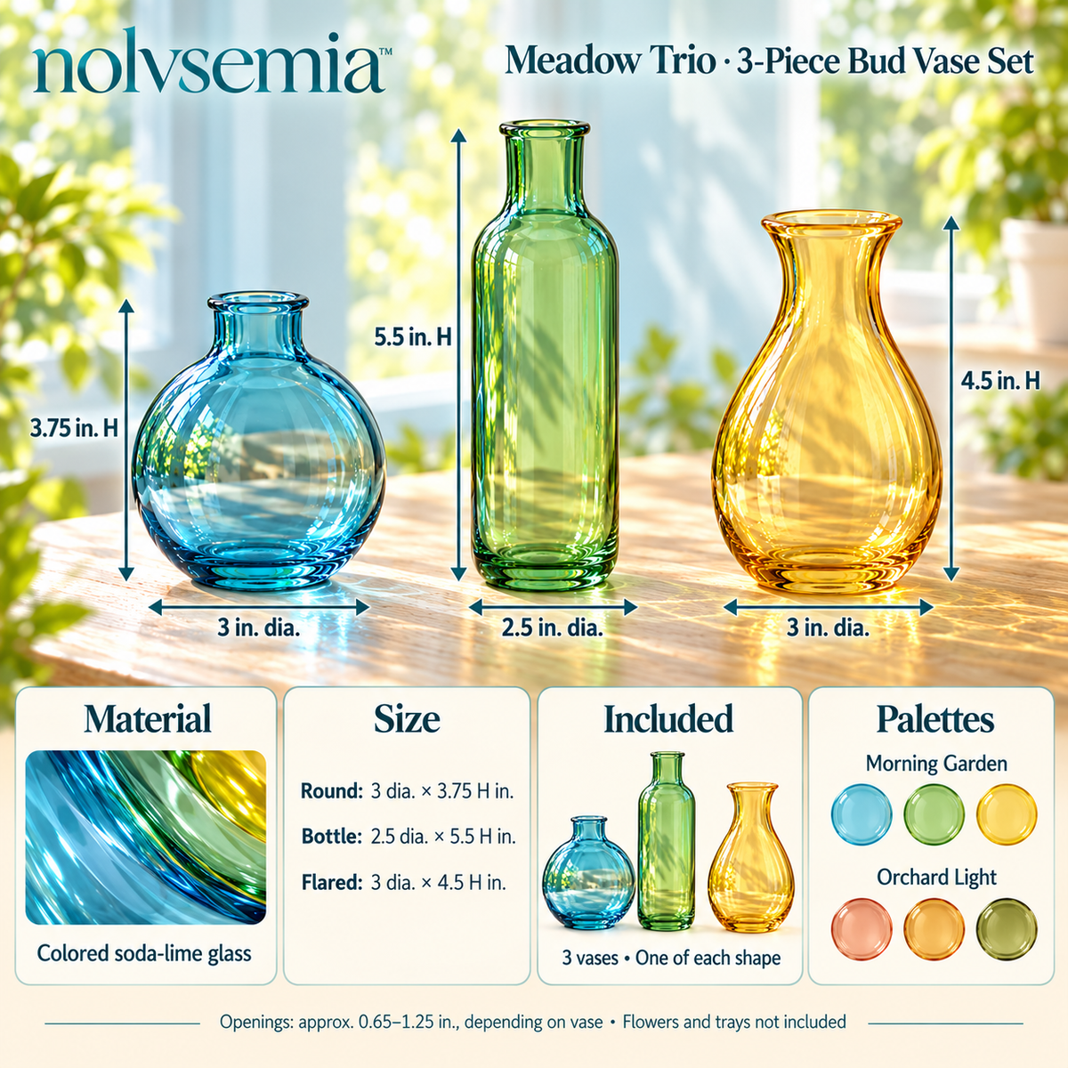 nolvsemia™ Meadow Trio Mini Glass Bud Vase Set — 3 Colored Flower Vases for Shelf Styling, Tablescapes & Small Centerpieces