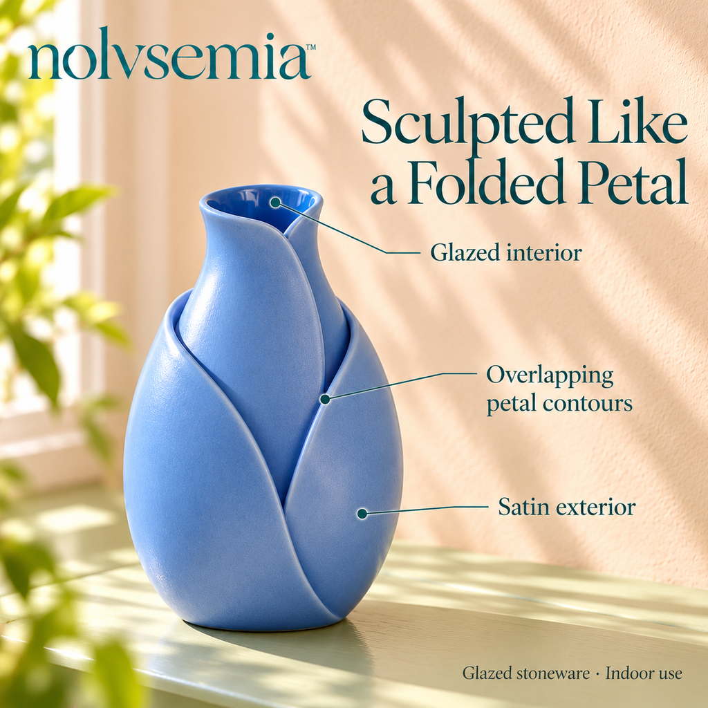 nolvsemia™ Folded Petal Ceramic Bud Vase — Small Sculptural Flower Vase for Bookshelf, Console & Mantel Decor