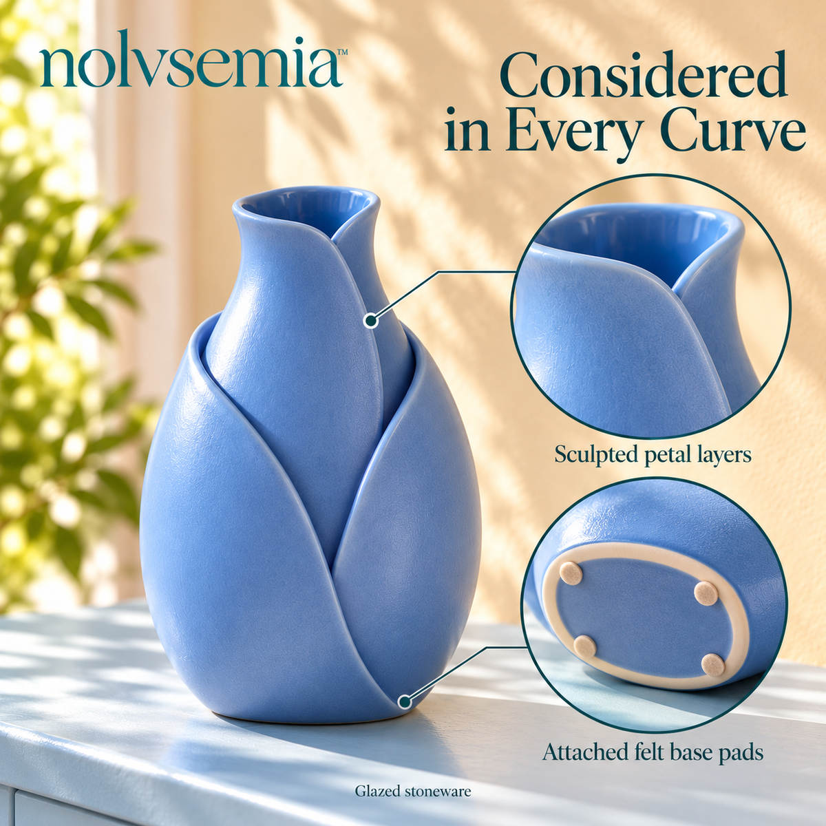 nolvsemia™ Folded Petal Ceramic Bud Vase — Small Sculptural Flower Vase for Bookshelf, Console & Mantel Decor