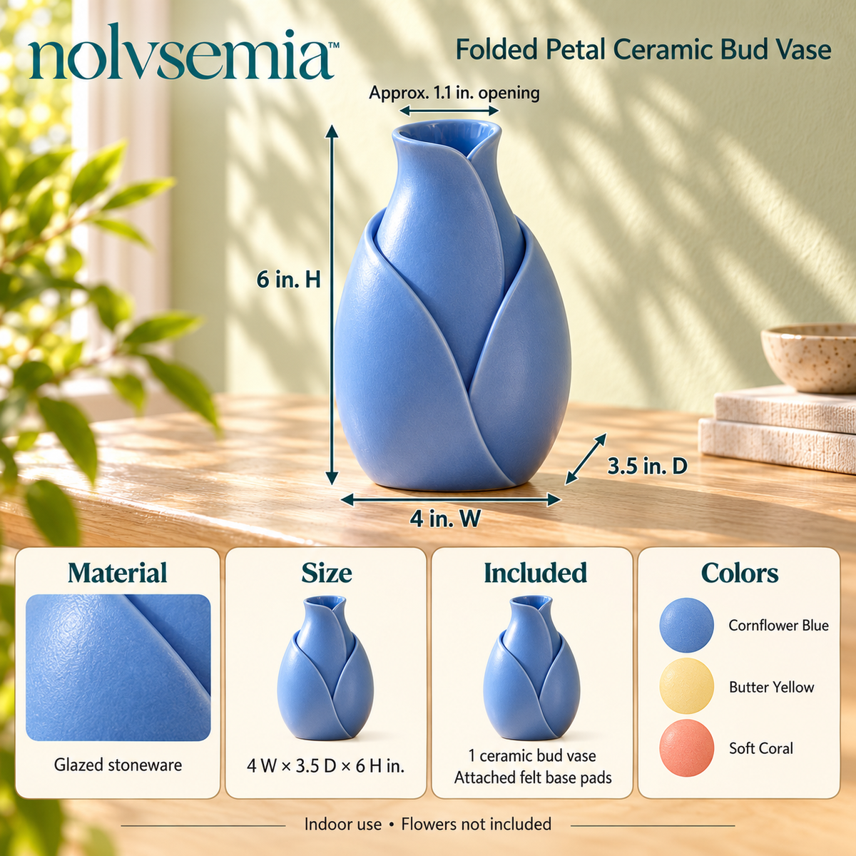 nolvsemia™ Folded Petal Ceramic Bud Vase — Small Sculptural Flower Vase for Bookshelf, Console & Mantel Decor