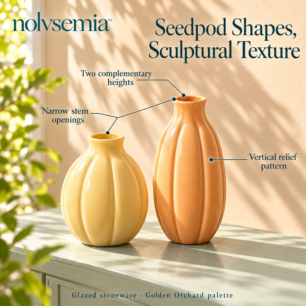 nolvsemia™ Seedpod Ceramic Bud Vase Set — 2 Small Textured Flower Vases for Shelf Styling & Table Decor