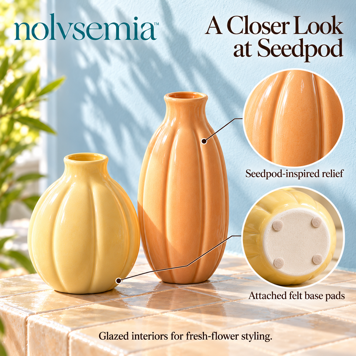 nolvsemia™ Seedpod Ceramic Bud Vase Set — 2 Small Textured Flower Vases for Shelf Styling & Table Decor
