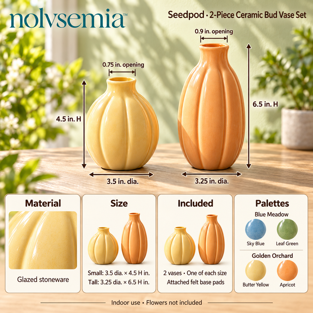 nolvsemia™ Seedpod Ceramic Bud Vase Set — 2 Small Textured Flower Vases for Shelf Styling & Table Decor