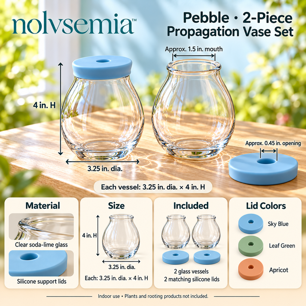nolvsemia™ Pebble Glass Propagation Vase Set — 2 Plant Cutting Jars with Removable Stem-Support Lids