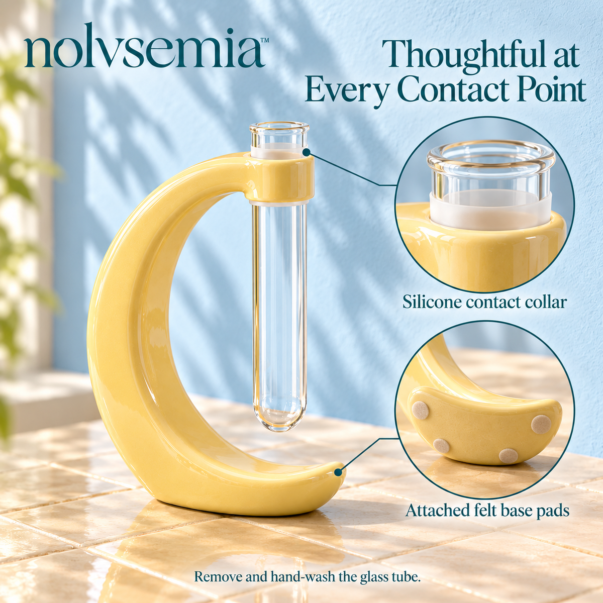 nolvsemia™ Crescent Ceramic Propagation Stand — Removable Glass Tube Bud Vase for Indoor Plant Cuttings & Desk Decor