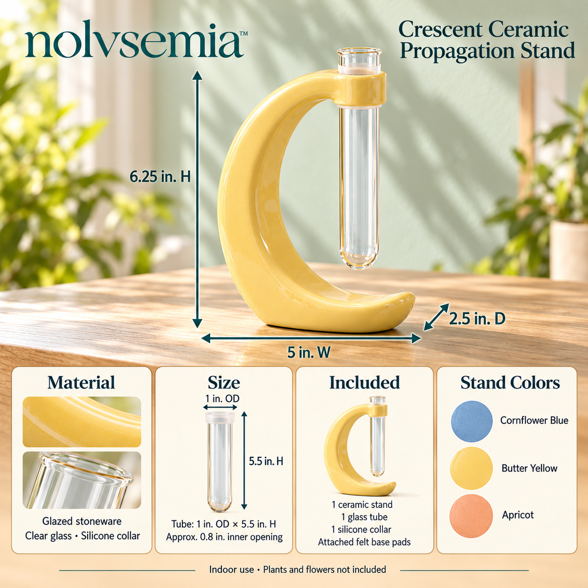 nolvsemia™ Crescent Ceramic Propagation Stand — Removable Glass Tube Bud Vase for Indoor Plant Cuttings & Desk Decor